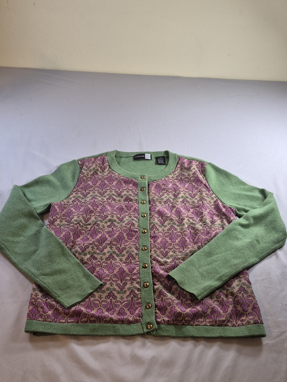 Saks Fifth Avenue Green Trim Pink & Green Patterned Button Cardigan Size L